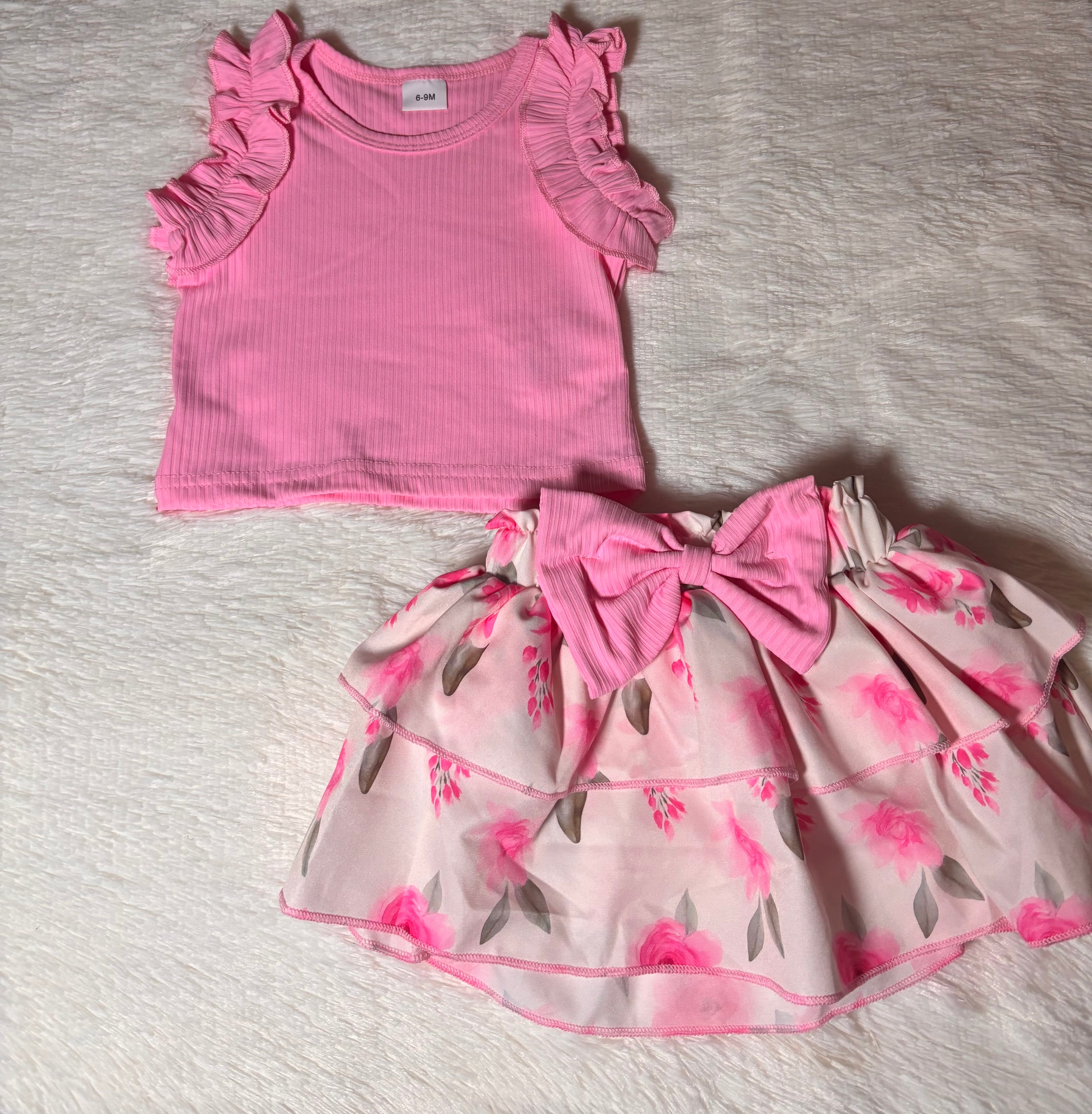 Pink Petals Bow Skirt Set