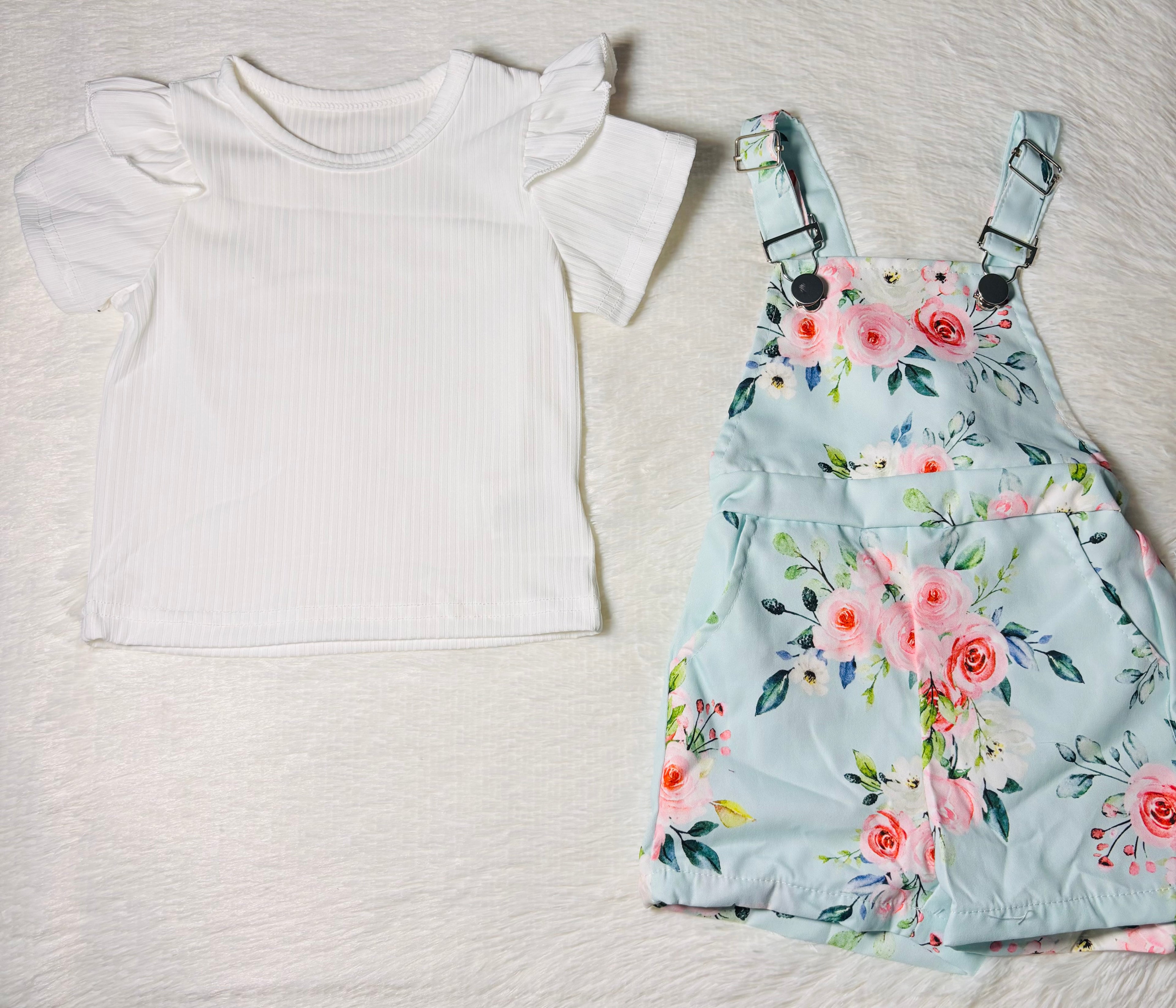 Mint Blossom Suspender Shorts Set